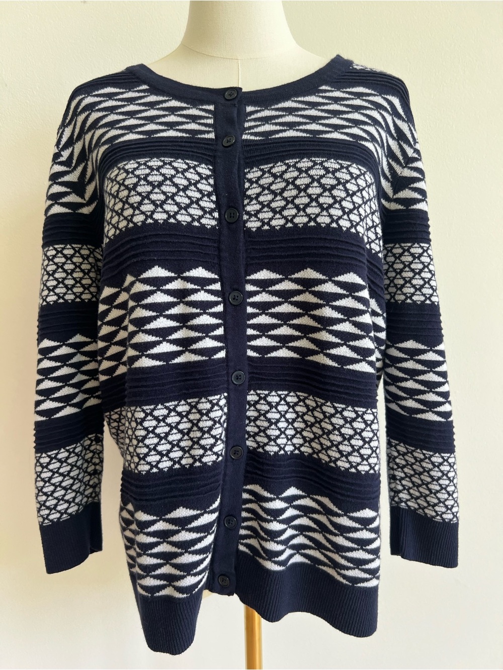 Merona Women’s Cardigan Navy White Geometric Knit 100% Cotton Button Front XXL